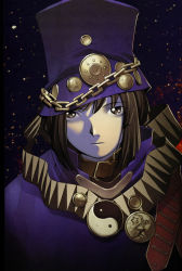Rule 34 | 00s, 1girl, absurdres, androgynous, blue hat, boogiepop, boogiepop (character), brown eyes, brown hair, chain, hat, highres, moon, official art, ogata kouji, portrait, scan, solo, star (sky), star (symbol), strap, yin yang