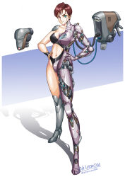 Rule 34 | 1girl, aqua eyes, breasts, brown eyes, brown hair, collarbone, commentary request, cyborg, full body, hands on own hips, heterochromia, highres, looking at viewer, mechanical parts, medium breasts, navel, original, revealing clothes, shadow, shinzou90, short hair, signature, smile, solo, standing, wire