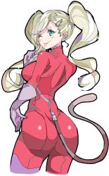 Rule 34 | 10s, 1girl, ;), ass, blonde hair, blue eyes, bodysuit, breasts, cat tail, closed mouth, earrings, enpe, gloves, hair ornament, hairclip, highres, jewelry, long hair, looking at viewer, medium breasts, one eye closed, persona, persona 5, purple gloves, red bodysuit, simple background, smile, solo, tail, takamaki anne, thighhighs, tongue, tongue out, twintails, white background