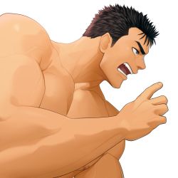 Rule 34 | 1boy, absurdres, bara, berserk, black hair, completely nude, from side, frown, guts (berserk), highres, large pectorals, looking to the side, male focus, mikicat, muscular, muscular male, nipples, nude, pectorals, scar, scar on face, scar on nose, short hair, sideburns, solo, thick eyebrows, veins, white background