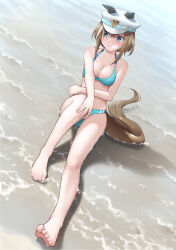 Rule 34 | 1girl, animal ears, bare arms, bare legs, bare shoulders, barefoot, bikini, blue bikini, blue eyes, breasts, brown hair, cheval grand (umamusume), cleavage, closed mouth, collarbone, commentary request, day, dutch angle, ears through headwear, feet, hair between eyes, hat, highres, horse ears, horse girl, horse tail, knee up, looking to the side, medium breasts, multicolored hair, ogry ching, outdoors, peaked cap, shallow water, sitting, solo, streaked hair, swimsuit, tail, umamusume, water, wavy mouth, white hair, white hat