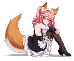 Rule 34 | 10s, 1girl, animal ear fluff, animal ears, apron, black footwear, black thighhighs, blush, breasts, closed mouth, commentary request, detached collar, detached sleeves, dress, fate/extra, fate (series), fox ears, fox tail, frilled dress, frills, from side, full body, high heels, highres, hugging own legs, large breasts, long hair, looking at viewer, maid, maid apron, maid headdress, narynn, pink hair, shadow, simple background, sitting, smile, solo, tail, tamamo (fate), tamamo no mae (fate/extra), tamamo no mae (tailmaid strike) (fate), thighhighs, white background, yellow eyes