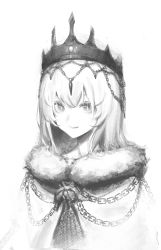 Rule 34 | 1girl, absurdres, anhao1224, cape, chain, closed mouth, crown, fur-trimmed cape, fur trim, greyscale, hair between eyes, highres, long hair, monochrome, original, queen, ribbon, simple background, slit pupils, smile, solo, tongue, tongue out, upper body, white background