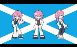 Rule 34 | 1girl, arknights, black footwear, black pants, black shirt, blue eyes, blue poison (arknights), blue poison (shoal beat) (arknights), braid, chibi, flag background, full body, hair between eyes, hair up, hand on own hip, letterboxed, multiple views, official alternate costume, open mouth, pants, pink hair, scottish flag, shirt, shoes, smile, split mouth, standing, twin braids, twintails, user jkxv4787, white pants