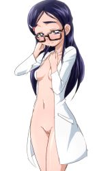 Rule 34 | 00s, 1girl, blue eyes, blush, breasts, cleft of venus, futari wa precure, glasses, lab coat, long hair, naked labcoat, oimanji, open clothes, open shirt, precure, purple hair, pussy, shirt, simple background, small breasts, solo, uncensored, white background, yukishiro honoka