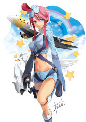 Rule 34 | 10s, 1girl, aircraft, airplane, blue eyes, blue footwear, blue gloves, boots, breasts, covered erect nipples, creatures (company), game freak, gen 1 pokemon, gen 5 pokemon, gloves, gym leader, hair ornament, hand on foot, holding, holding poke ball, leg up, long hair, medium breasts, midriff, navel, nintendo, pikachu, poke ball, pokemon, pokemon (creature), pokemon bw, rainbow, red hair, sarusaru naoto, short shorts, shorts, signature, skyla (pokemon), smile, star (symbol), suspenders, swanna
