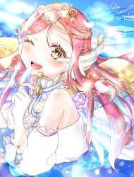 Rule 34 | 1girl, alternate hairstyle, aqua skirt, artist name, artist request, bare shoulders, blush, brown eyes, collarbone, cross-laced clothes, cross-laced dress, dress, female focus, flower, hair between eyes, hair flower, hair ornament, hair wings, heaphones, long hair, looking at viewer, love live!, love live! school idol festival, love live! sunshine!!, one eye closed, parted lips, pink flower, puffy short sleeves, puffy sleeves, red hair, ritsuuu18, sakurauchi riko, short sleeves, skirt, solo, tiara, white detached collar, white dress, white skirt, wings, yellow eyes