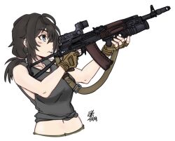 Rule 34 | 1girl, aiming, ak-74, aks-74, assault rifle, bare arms, black hair, blue eyes, breasts, brown gloves, chinese commentary, closed mouth, collarbone, commentary, finger on trigger, fingerless gloves, gloves, gp-25, grenade launcher, grey tank top, gun, gun sling, hair between eyes, hair tie, holding, holding gun, holding weapon, kalashnikov rifle, looking ahead, medium breasts, medium hair, messy hair, mmmn540d88, mouth hold, muzzle device, optical sight, original, ponytail, profile, reflex sight, rifle, signature, simple background, sleeveless, stomach, tank top, two-tone gloves, underbarrel grenade launcher, upper body, weapon, white background