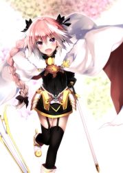 Rule 34 | 1boy, :d, astolfo (fate), black thighhighs, boots, bow, braid, cape, fang, fate/apocrypha, fate/grand order, fate (series), fur trim, garter straps, hair bow, highres, kazetto, male focus, open mouth, pink hair, purple eyes, single braid, skirt, smile, solo, sword, thighhighs, trap, weapon