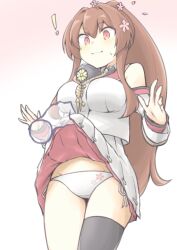 Rule 34 | !, 1girl, 1other, akara kai, breasts, brown hair, cherry blossoms, collar, commentary request, cowboy shot, disembodied hand, flower, hair flower, hair ornament, highres, kantai collection, kikumon, large breasts, long hair, metal collar, panties, ponytail, red eyes, side-tie panties, single thighhigh, skirt, thighhighs, underwear, white panties, white skirt, yamato (kancolle), yamato kai ni (kancolle)