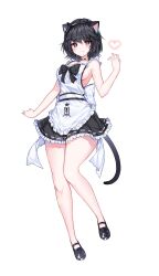 Rule 34 | 1girl, alternate costume, animal ear hairband, animal ears, apron, artist request, back bow, black bow, black footwear, black hair, black skirt, black tail, blade &amp; soul, blush, bow, breasts, cat ear hairband, cat ears, cat tail, commentary request, enmaided, fake animal ears, frilled apron, frilled skirt, frills, full body, hairband, hand up, heart, highres, korean commentary, looking at viewer, maid, maid apron, medium breasts, nearly naked apron, prunechi, red eyes, shoes, short hair, sideboob, skirt, smile, solo, standing, standing on one leg, tail, thighs, white apron, white background, white bow
