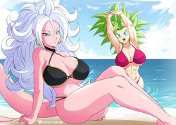 Rule 34 | 2girls, abs, absurdres, android 21, arm support, beach, bikini, blue eyes, breasts, choker, colored sclera, dragon ball, dragon ball fighterz, dragon ball super, earrings, green hair, highres, hoop earrings, huge breasts, jewelry, kefla (dragon ball), large breasts, long hair, looking at viewer, lying, majin android 21, multiple girls, muscular, muscular female, navel, saiyan, spiked hair, stretching, sunlight, super saiyan, swimsuit, tail, thighs, white hair