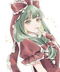 Rule 34 | 1girl, bow, closed mouth, dress, fingernails, frilled bow, frilled ribbon, frilled sleeves, frills, front ponytail, green eyes, green hair, hair bow, hair ribbon, highres, kagiyama hina, long hair, poteimo (poteimo622), red bow, red dress, red ribbon, ribbon, short sleeves, simple background, smile, solo, touhou, upper body, white background