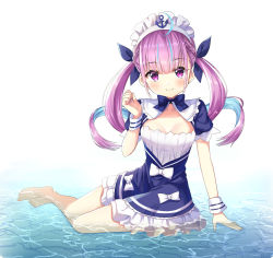 Rule 34 | 1girl, absurdres, ahoge, anchor, armband, barefoot, blue dress, blue hair, blue ribbon, bow, breasts, closed mouth, colored inner hair, commentary request, dress, hair between eyes, hair ribbon, hand up, highres, hololive, maid headdress, minato aqua, minato aqua (1st costume), multicolored hair, pink hair, puffy short sleeves, puffy sleeves, purple eyes, rariemonn, ribbon, shallow water, short sleeves, small breasts, smile, solo, streaked hair, toenails, twintails, two-tone hair, virtual youtuber, water, white background, white bow