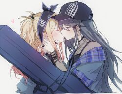 Rule 34 | 2girls, baseball cap, black eyes, black hair, black hairband, black headwear, blonde hair, blue jacket, blush, commentary, cropped torso, ear blush, earrings, from side, hairband, hand on another&#039;s neck, hat, heart, highres, hoshino ichika (project sekai), instrument case, jacket, jewelry, kiss, long hair, multiple girls, off shoulder, pann (1202zzzx00), project sekai, see-through, see-through sleeves, sidelocks, simple background, studded bracelet, sweat, symbol-only commentary, tenma saki, two side up, upper body, white background, yuri