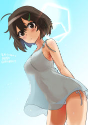 Rule 34 | 1girl, ahoge, aohashi ame, arms behind back, backlighting, blue dress, blue panties, blue sky, brave witches, breasts, brown eyes, brown hair, casual, character name, clear sky, commentary, cowboy shot, day, dress, from below, hair ornament, hairclip, happy, heart, highres, karibuchi hikari, leaning forward, light particles, looking at viewer, medium breasts, microdress, navel, outdoors, panties, parted lips, see-through, short hair, side-tie panties, sky, solo, standing, sundress, translated, underwear, world witches series