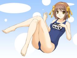 Rule 34 | 00s, 1girl, :3, brown hair, name tag, one-piece swimsuit, school swimsuit, short hair, solo, suzumiya haruhi, suzumiya haruhi no yuuutsu, swimsuit