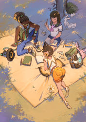 Rule 34 | 1boy, 2girls, absurdres, adapted costume, alternate costume, animal, animal ears, arm at side, arm support, arm tattoo, armband, ascot, ass, backpack, bag, bare shoulders, baros, belt, blanket, blue pants, blue skirt, book, bottle, breasts, brown eyes, brown hair, bush, casual, closed mouth, coat, cropped jacket, cross-laced footwear, d.va (overwatch), daisy, dark-skinned male, dark skin, dreadlocks, eraser, fingerless gloves, flower, from above, from behind, gloves, goggles, grass, green jacket, green necktie, gun, hair ornament, hair tie, headphones, headphones around neck, hiding, highres, hose, jacket, knee up, kneehighs, looking at viewer, looking back, lucio (overwatch), medium breasts, multiple girls, necktie, notebook, open clothes, open jacket, outdoors, overwatch, overwatch 1, pants, pen, pencil, pillow, plant, pleated skirt, pocket, ponytail, rabbit, rabbit ears, rabbit tail, sailor collar, school uniform, seiza, serafuku, shadow, shirt, shoes, short hair, short shorts, short sleeves, shorts, shoulder bag, single glove, sitting, skirt, sleeveless, sleeveless coat, sleeveless shirt, sneakers, socks, spiked hair, studying, tail, tape, tattoo, tracer (overwatch), tree, tree shade, visor, weapon, white shirt
