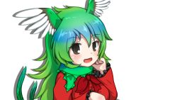 Rule 34 | 10s, 1girl, :d, bad id, bad nicoseiga id, black eyes, bow, bowtie, frilled sleeves, frills, green hair, hand on own chin, head wings, kemono friends, long hair, long sleeves, looking at viewer, open mouth, red bow, red bowtie, resplendent quetzal (kemono friends), shadow, simple background, smile, solo, upper body, vostok (vostok061), white background, wings