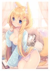 Rule 34 | 1girl, absurdres, amamiya mei, animal ear fluff, animal ears, backlighting, blonde hair, blue eyes, blue shirt, blush, breasts, collarbone, curtains, day, fingernails, fox ears, fox girl, fox tail, frilled panties, frills, game console, hair between eyes, hair ornament, hairclip, hand up, handheld game console, highres, holding, holding handheld game console, index finger raised, joy-con, long hair, long sleeves, looking at viewer, medium breasts, mofu-mofu after school, mofumofu channel, nintendo switch, nipples, non-web source, p19, panties, parted lips, pillow, puffy long sleeves, puffy sleeves, scan, shiny skin, shirt, sidelocks, sleeves past wrists, solo, tail, tail raised, underwear, very long hair, virtual youtuber, wide sleeves, window, x hair ornament