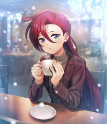 Rule 34 | 1girl, blazer, blurry, blurry background, blush, brown jacket, cafe, commentary request, cup, hair between eyes, highres, holding, holding cup, indoors, jacket, long hair, looking at viewer, mug, open clothes, open jacket, open mouth, plaid, plaid jacket, plate, precure, red hair, solo, takizawa asuka, tropical-rouge! precure, turtleneck, yuzu sato