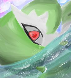 Rule 34 | 1girl, bob cut, cloud, colored skin, creatures (company), dutch angle, female focus, gaicl, game freak, gardevoir, gen 3 pokemon, green hair, green skin, highres, looking at viewer, lying, multicolored skin, nintendo, on side, outdoors, partially submerged, pokemon, pokemon (creature), portrait, purple sky, red eyes, short hair, sketch, sky, solo, two-tone skin, water, white skin