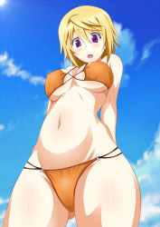 Rule 34 | 10s, 1girl, absurdres, arms behind back, bare shoulders, bikini, blonde hair, blue sky, blush, body blush, breasts, cameltoe, charlotte dunois, cloud, derivative work, covered erect nipples, female focus, from below, gluteal fold, groin, highres, hip focus, image sample, infinite stratos, large breasts, long hair, looking at viewer, looking down, lowleg, lowleg bikini, navel, open mouth, orange bikini, outdoors, purple eyes, sky, solo, standing, sunlight, surprised, swimsuit, thigh gap, thighs, underboob, vector trace