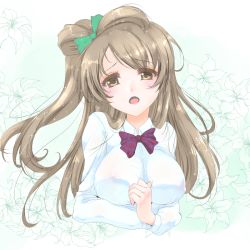 Rule 34 | 10s, 1girl, bow, breasts, brown eyes, brown hair, flower, frapowa, long hair, looking at viewer, love live!, love live! school idol project, minami kotori, open mouth, see-through, solo, upper body