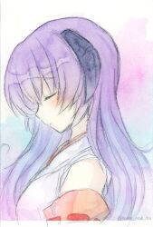 Rule 34 | 1girl, black horns, closed eyes, closed mouth, commentary, detached sleeves, facing to the side, from side, gradient background, hanyuu, highres, higurashi no naku koro ni, horns, japanese clothes, kimono, painting (medium), profile, purple hair, red sleeves, ribbon-trimmed sleeves, ribbon trim, solo, straight hair, sweet miuk tea, traditional media, twitter username, watercolor (medium), white kimono