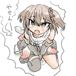Rule 34 | 1girl, aged down, arms between legs, asymmetrical legwear, bare shoulders, black skirt, black socks, blush, brown eyes, brown hair, commentary, elbow gloves, fangs, gloves, hair between eyes, hair ornament, highres, kantai collection, kneehighs, long hair, looking at viewer, poyo (hellmayuge), scarf, sendai (kancolle), sendai kai ni (kancolle), simple background, single kneehigh, single sock, single thighhigh, sitting, skirt, sleeveless, smoke, socks, solo, thighhighs, translated, two side up, uneven legwear, white background, white scarf