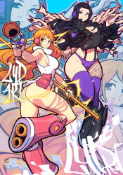 Rule 34 | 2girls, ass, bare shoulders, belt bag, black footwear, black hair, black jacket, boots, bracelet, breasts, clima-tact, commentary, cropped jacket, egghead island, electricity, extra arms, from side, gun, hana hana no mi, headphones, high collar, highres, holding, holding gun, holding staff, holding weapon, jacket, jewelry, knee boots, knee up, large breasts, leotard, long hair, looking at viewer, looking to the side, lydart mclo, midriff, multiple girls, nami (one piece), nami (one piece) (egghead), navel, nico robin, nico robin (egghead), official alternate costume, one piece, orange eyes, orange hair, panties, parted lips, pink bag, pink footwear, pink panties, purple thighhighs, radio antenna, science fiction, signature, staff, standing, standing on one leg, symbol-only commentary, thighhighs, underwear, wavy hair, weapon, white leotard