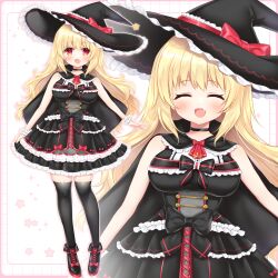 Rule 34 | 1girl, :d, ^ ^, black bow, black cape, black dress, black footwear, black hat, black thighhighs, boots, bow, breasts, cape, closed eyes, commission, cross-laced footwear, dress, fang, frilled dress, frills, hat, hat bow, highres, lace-up boots, large breasts, looking at viewer, multiple views, open mouth, original, pleated dress, red bow, red eyes, shikito (yawa0w0), skeb commission, sleeveless, sleeveless dress, smile, star (symbol), thighhighs, thighhighs under boots, witch hat, wrist cuffs