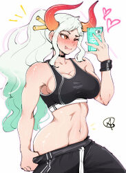 Rule 34 | 1girl, :p, absurdres, almualim, bare shoulders, black sports bra, breasts, cellphone, cleavage, closed mouth, clothes pull, collarbone, cowboy shot, gradient hair, green hair, grey hair, highres, horns, large breasts, lips, long hair, multicolored hair, one eye closed, one piece, oni horns, pants, pants pull, phone, ponytail, red eyes, shiny skin, sidelocks, simple background, smartphone, smile, solo, sports bra, sportswear, standing, sweatpants, tongue, tongue out, two-tone hair, white background, wink, wristband, yamato (one piece)