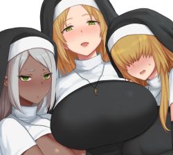 Rule 34 | 3girls, :d, black dress, blonde hair, blush, breasts, covered eyes, cross, cross necklace, dress, gomu (chewinggom), green eyes, grey hair, habit, hair over eyes, huge breasts, jewelry, latin cross, long hair, looking at viewer, mole, mole under eye, multiple girls, necklace, nun, open mouth, original, simple background, smile, traditional nun, veil, white background