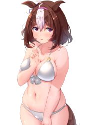 Rule 34 | 1girl, :3, absurdres, ahoge, animal ears, bikini, blush, bow, breasts, brown hair, chestnut mouth, curvy, ear ribbon, front-tie bikini top, front-tie top, groin, hairband, halterneck, halterneck, highres, hip bones, horse ears, horse girl, horse tail, large breasts, looking at viewer, medium hair, meisho doto (umamusume), midriff, multicolored hair, navel, pink hairband, plump, purple eyes, shinonon (iso shino), skindentation, solo, streaked hair, swimsuit, tail, two-tone hair, umamusume, white bikini, white hair