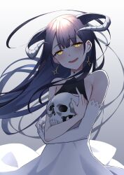 Rule 34 | 1girl, absurdres, bare shoulders, black hair, blush, bridal gauntlets, commentary, dress, drop earrings, earrings, english commentary, highres, holding, holding skull, horns, inverted cross earrings, jewelry, long hair, looking at viewer, open mouth, original, pillow (blackpirou), simple background, single bridal gauntlet, skull, sleeveless, sleeveless dress, smile, solo, standing, upper body, white background, white bridal gauntlets, white dress, yellow eyes
