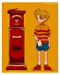 Rule 34 | 1boy, absurdres, blonde hair, blue eyes, child, envelope, full body, haru-cho, highres, holding, holding envelope, lucas (mother 3), male focus, mother (game), mother 3, nintendo, shirt, shoes, short hair, short sleeves, shorts, striped clothes, striped shirt