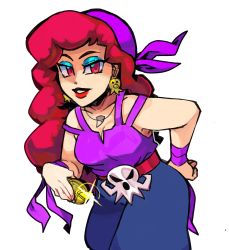 Rule 34 | absurdres, captain syrup, coin, gold coin, hand on own hip, highres, holding, holding coin, lipstick, makeup, mario (series), nanadouken, nintendo, protected link, red hair, simple background, solo, wario land, wario land: shake it!, white background
