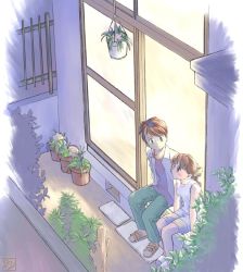 Rule 34 | 1boy, 1girl, brown eyes, brown hair, denim, green eyes, iuro, jeans, original, pants, plant, porch, pot, potted plant, sandals, shorts, sitting, sleeveless, window
