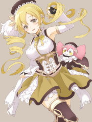 Rule 34 | 10s, 1girl, armpits, bad id, bad pixiv id, beret, blonde hair, breasts, budouya, charlotte (madoka magica), corset, detached sleeves, drill hair, embellished costume, fingerless gloves, frilled skirt, frills, gloves, hat, large breasts, long hair, mahou shoujo madoka magica, mahou shoujo madoka magica (anime), skirt, solo, thighhighs, tomoe mami, very long hair, yellow eyes, zettai ryouiki