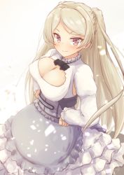 Rule 34 | 1girl, blush, breasts, brown eyes, cleavage, closed mouth, conte di cavour (kancolle), dress, grey dress, highres, kantai collection, large breasts, layered dress, long hair, long sleeves, silver hair, smile, solo, two-tone dress, two side up, white dress, yomitsuna