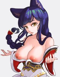 Rule 34 | 1girl, ahri (league of legends), animal ears, bare shoulders, breasts, breasts out, collarbone, detached sleeves, facial mark, fox ears, inu (100158312), korean clothes, kyuubi, large breasts, league of legends, long hair, looking at viewer, nail polish, nipples, simple background, solo, very long hair, whisker markings, white background, yellow eyes