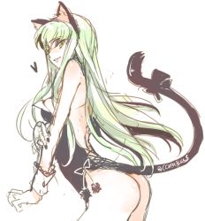 Rule 34 | 1girl, animal ears, arched back, ass, bare back, bare shoulders, bow, breasts, c.c., cat ears, cat tail, code geass, creayus, green hair, kittysuit, leotard, long hair, looking at viewer, nontraditional playboy bunny, sideboob, solo, tail, tail bow, tail ornament, white background, wrist cuffs, yellow eyes
