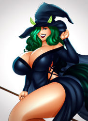 Rule 34 | 1girl, breasts, broom, cleavage, hat, highres, huge breasts, jassycoco, nail polish, witch hat