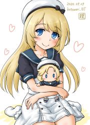 Rule 34 | 1girl, artist logo, blonde hair, blue eyes, blue sailor collar, character doll, commentary request, dated, dress, gloves, hat, heart, heart background, highres, hugging doll, hugging object, janus (kancolle), jervis (kancolle), kantai collection, kotowari (newtype kenkyuujo), long hair, looking at viewer, one-hour drawing challenge, sailor collar, sailor dress, sailor hat, short sleeves, sitting, smile, socks, solo, twitter username, wariza, white background, white dress, white gloves, white hat, white socks