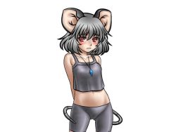Rule 34 | 1girl, animal ears, arms behind back, bike shorts, blush, camisole, crop top, face, female focus, five-seven (0verlimits), flat chest, grey hair, jewelry, midriff, mouse ears, mouse tail, navel, nazrin, pendant, red eyes, solo, tail, tank top, thigh gap, touhou
