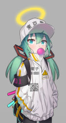 Rule 34 | 1girl, absurdres, ahoge, alternate costume, aqua eyes, aqua hair, armband, barcode, baseball cap, black pantyhose, blowing bubbles, chewing gum, clothes writing, coat, commentary request, cowboy shot, detached hair, glowstick, grey background, halo, hand in pocket, hat, hatsune miku, high collar, highres, kilo (pixiv), long sleeves, looking at viewer, pantyhose, pixel art, qr code, short hair, sign, simple background, single vertical stripe, solo, vocaloid, warning sign, white coat, white hat