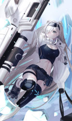 Rule 34 | 1girl, absurdres, animal ears, arknights, aurora (arknights), aurora (elite ii) (arknights), bear ears, black footwear, black hairband, black shirt, black shorts, black thighhighs, breasts, cleavage, commentary request, crop top, grey eyes, hair over one eye, hairband, highres, infection monitor (arknights), long hair, long sleeves, lucy (rusi-juren328), medium breasts, midriff, navel, parted lips, shield, shirt, short shorts, shorts, shrug (clothing), solo, stomach, thighhighs, very long hair, white hair