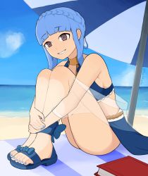 Rule 34 | 1girl, armpit crease, beach, beach umbrella, bikini, blue bikini, blue footwear, blue hair, blue nails, blue skirt, blue sky, blunt bangs, book, braid, breasts, brown eyes, commentary, commission, english commentary, feet, fire emblem, fire emblem: three houses, full body, gold trim, highres, hugging own legs, knees up, leaning forward, looking at viewer, marianne von edmund, medium breasts, nail polish, nintendo, official alternate costume, outdoors, own hands together, sandals, see-through, see-through sleeves, short hair with long locks, sideboob, sidelocks, sitting, skirt, sky, smile, softhanten, solo, swimsuit, teeth, thighs, toenail polish, toenails, toes, twitter username, umbrella, water