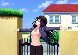 Rule 34 | 10s, 1girl, artist request, beret, breasts, building, day, fence, game cg, hat, highres, house, ikezawa hanako, jacket, katawa shoujo, long sleeves, mansion, open clothes, open jacket, open mouth, outdoors, outstretched arms, pink shirt, purple eyes, purple hair, shirt, small breasts, smile, solo, spread arms, wall, alternate universe